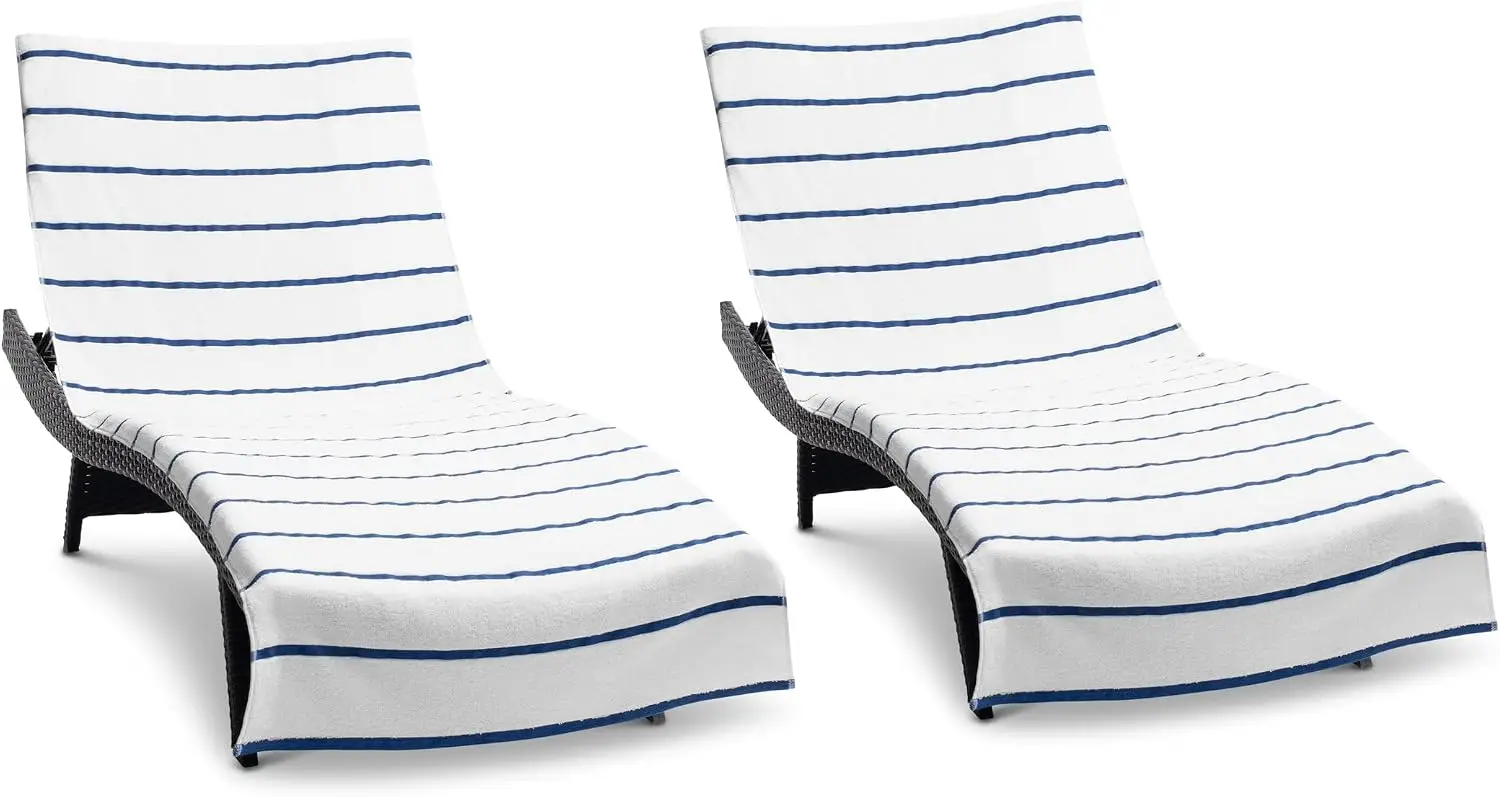 Striped Cotton Chaise Lounge Cover Towel with Pocket – Set of 2 for Beach, Pool, Patio and Outdoor Chairs, Lightweight and Quick-Drying