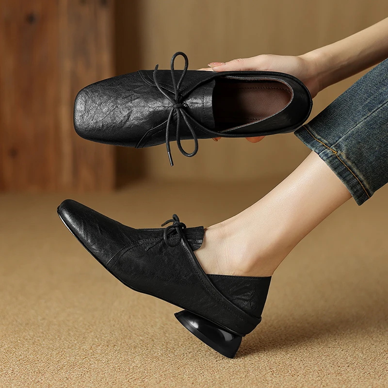 

Square Toe Lace-Up Leather Oxford Shoes for Women Low Spherical Heel Stylish Vintage Derby Flats Hot Sales Pumps 2025