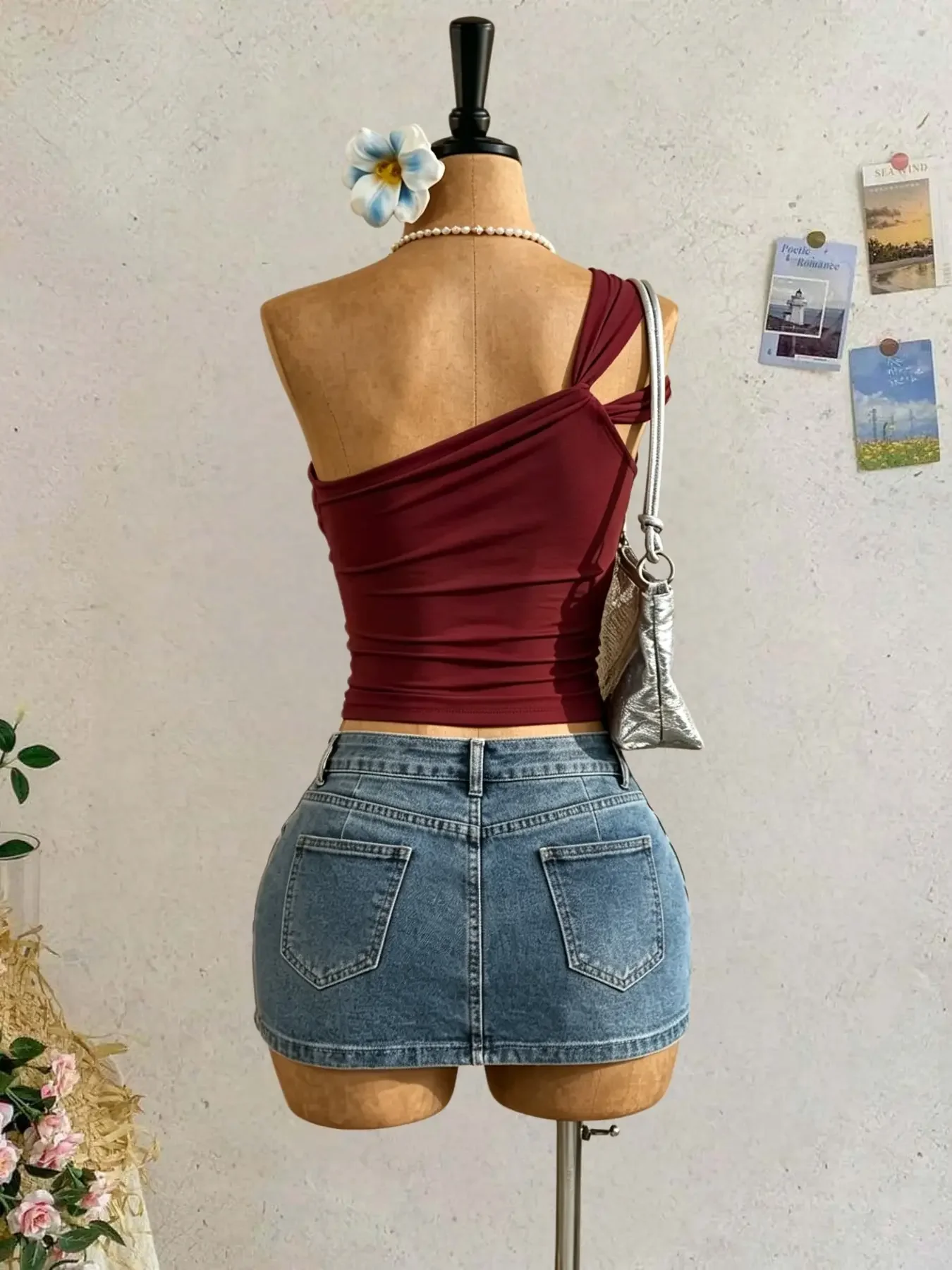 Women One Shoulder Twist Knot Sleeveless Crop Tank Top Slim Fit Ruched Waist Cropped Cami Vest Solid Casual Going‑out Fitted Top
