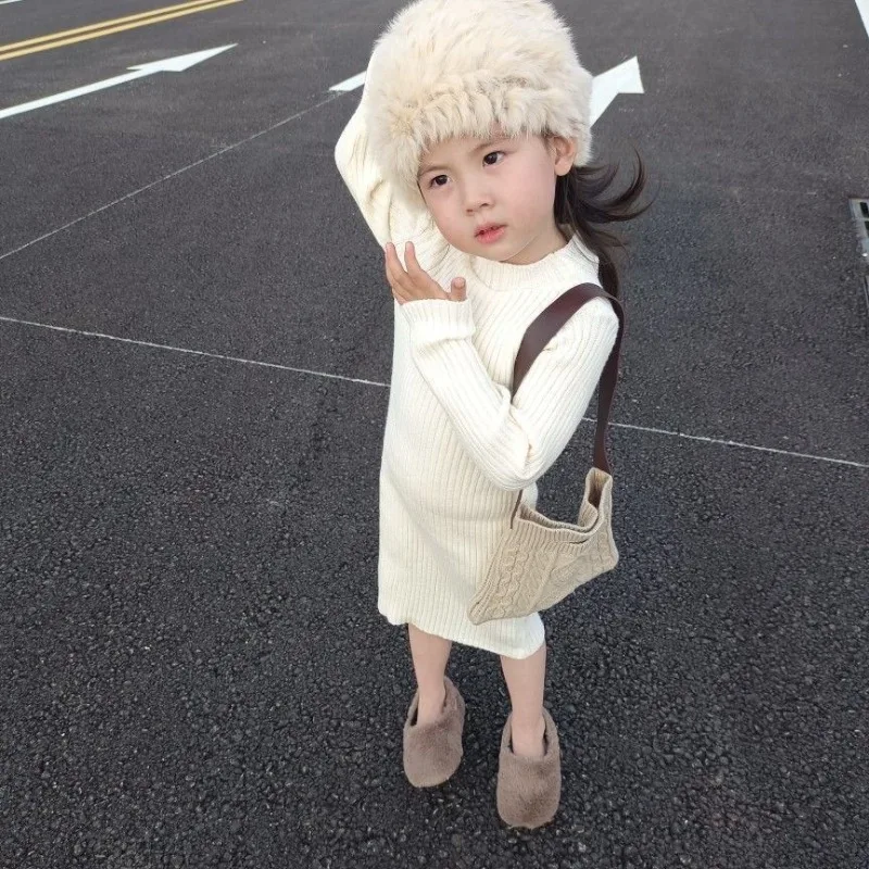 

Knit Dress for Kids Autumn Winter New Mid Length Low Cut Base Layer Casual Style
