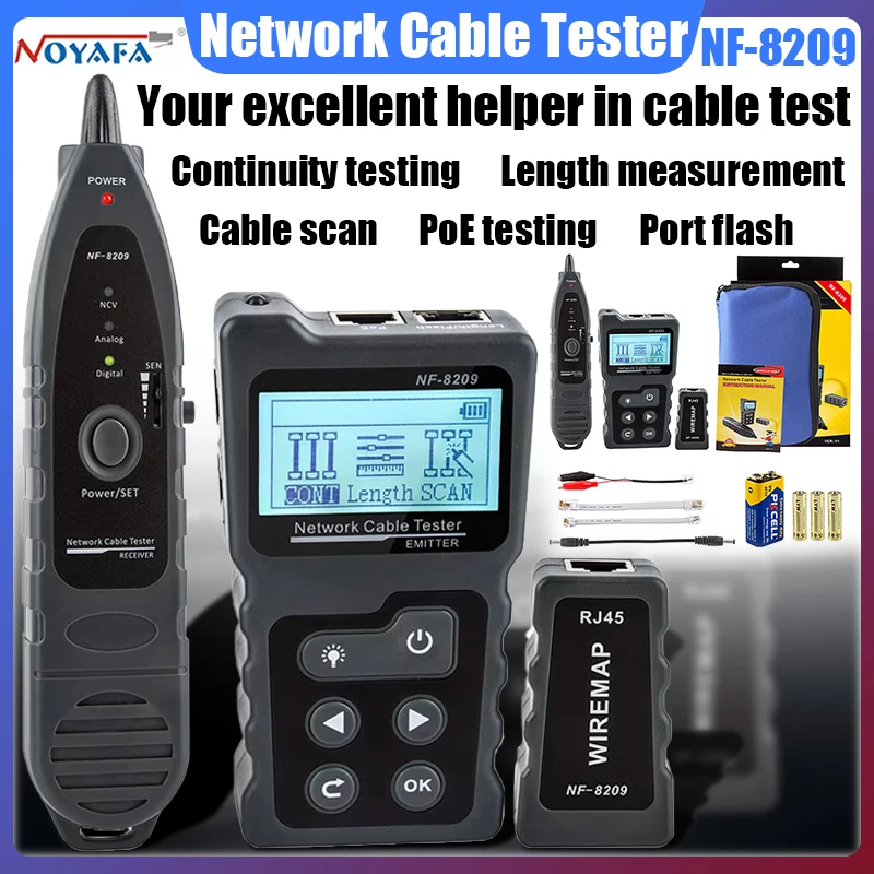 NOYAFA NF-8209 كابل المقتفي Lan عرض قياس تستر أدوات الشبكة شاشة الكريستال السائل قياس طول Wiremap تستر