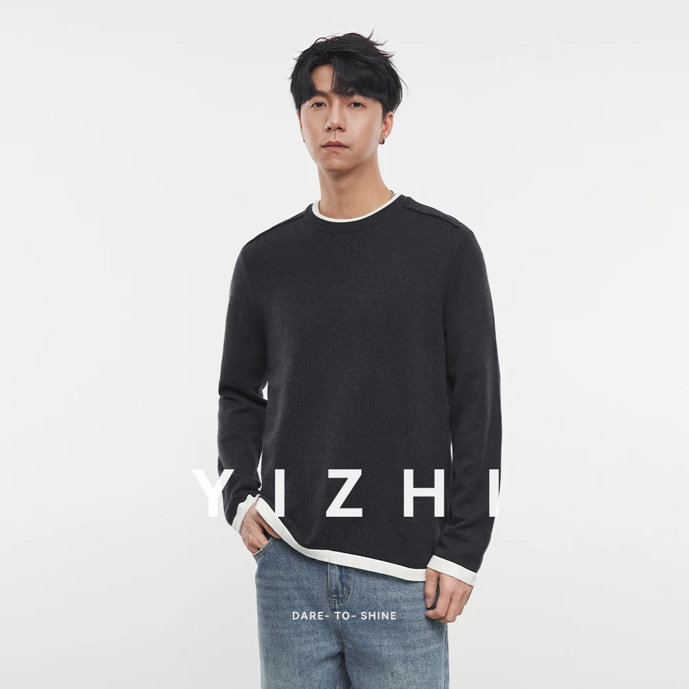 

Fashion Men's Fake Two-Piece Colorblock Long-Sleeved Knitted Cardigan Autumn New Round Neck Loose Bottoming Shirt Top Men TShirt