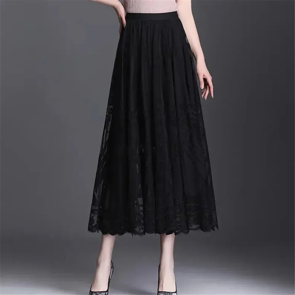 Elegant Lace Patchwork Black Skirts Spring Summer New Solid Loose Hollow Out A-line Skirt Fashion Temperament Women Clothing