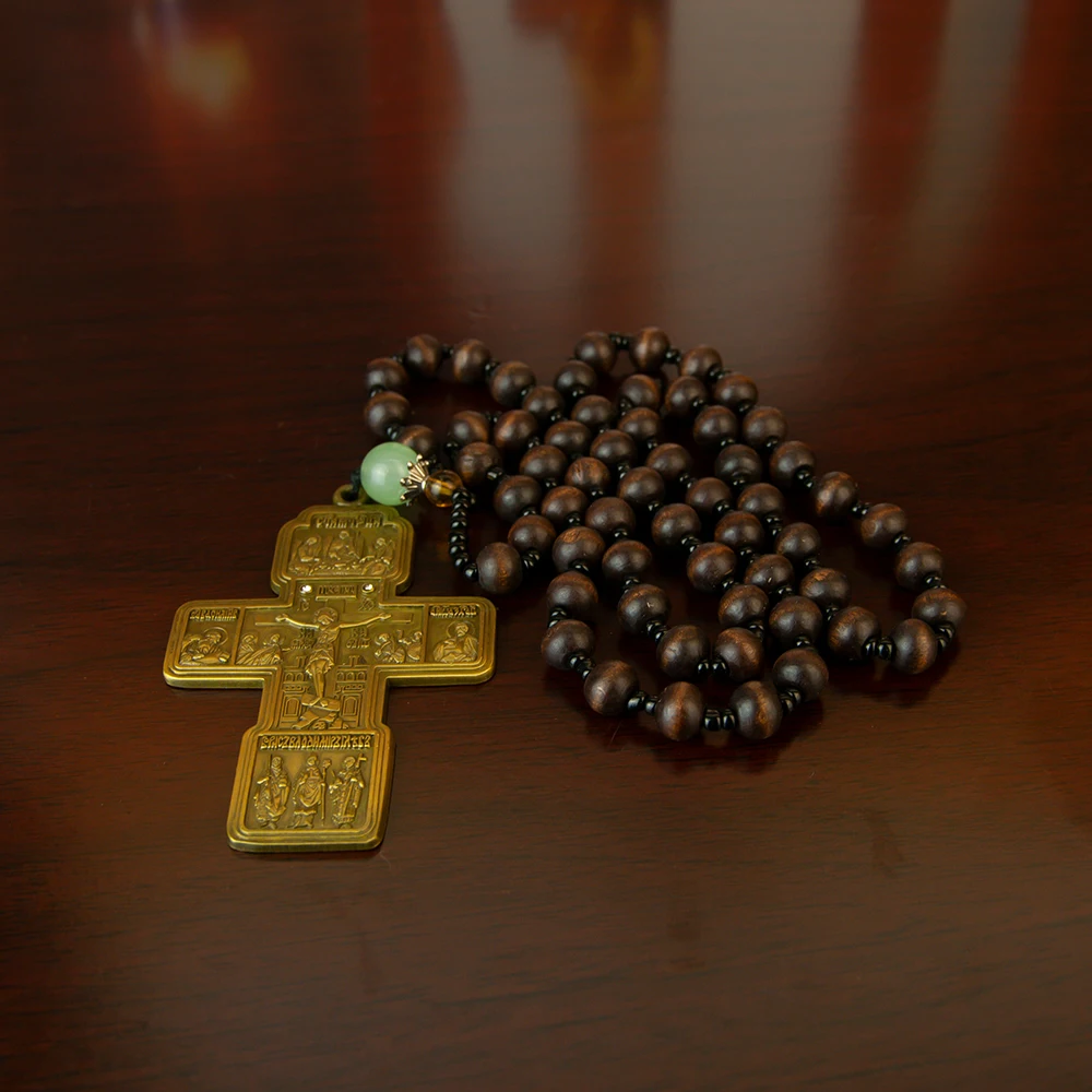 Orthodox Necklace With Wooden bead chain Crucifix Gold  Wooden Rosary Beaded Chain Religious Jesus Prayer Jewelry