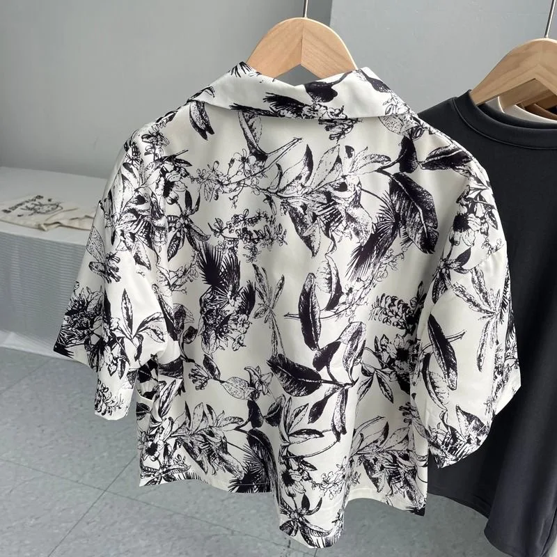 Vintage Print Short-sleeve Shirts Women Unisex Crop Loose Casual French Style Blouse Summer Holiday Ins All-match Outwear Tops