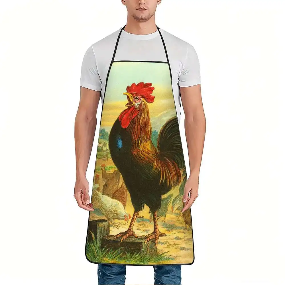 1pc Rooster Farm Vintage Print Apron, Durable And Easy to Clean, Adjustable Waistband, Polyester Material, for Kitchen Cooking,