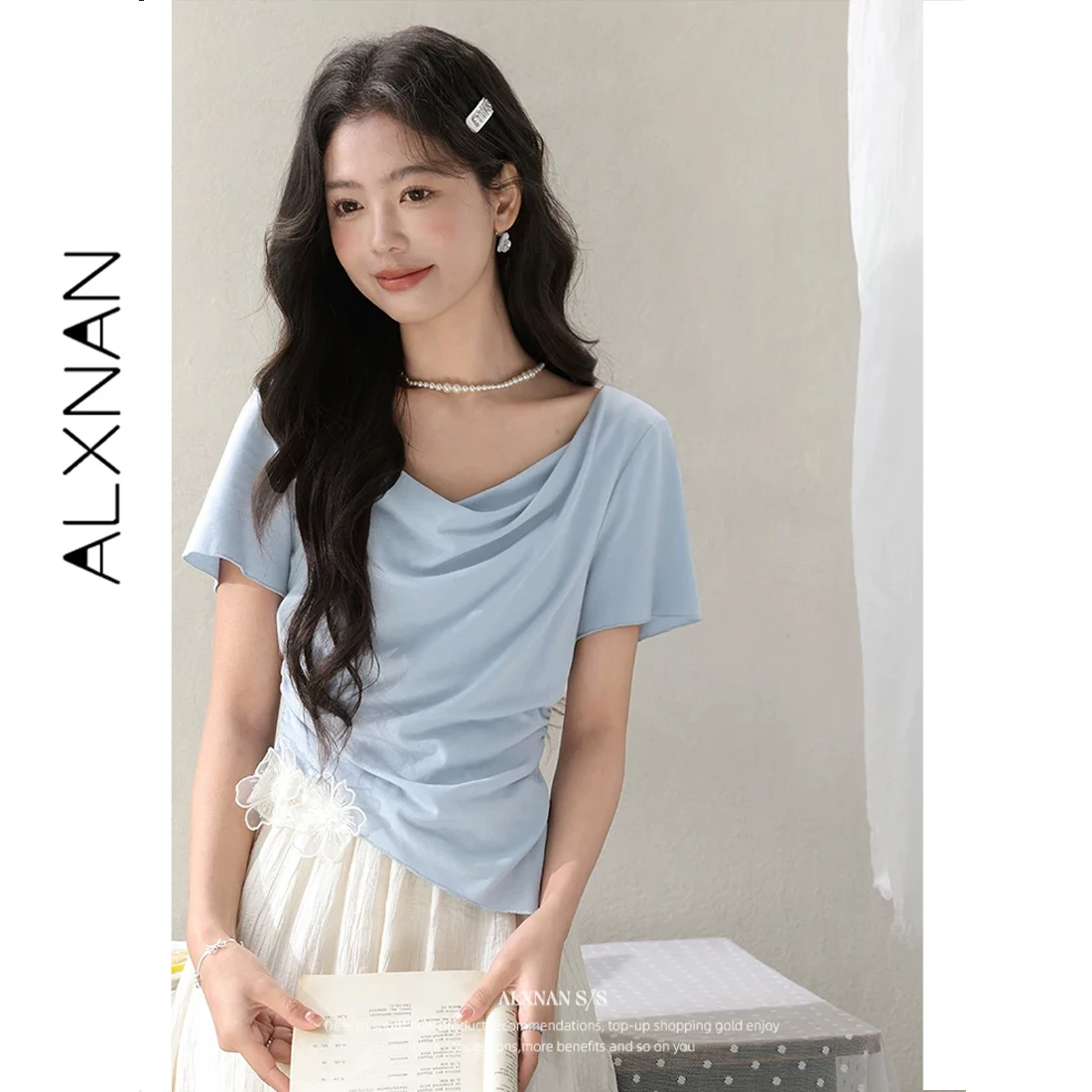 

ALXNAN Blue T-shirt Women 2026 Summer Short Sleeve T-shirts Elegant Loose-fit Swing Collar Irregular Design Tops Ladies VL53866
