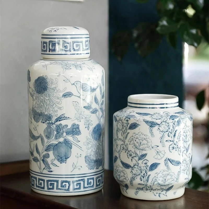 Neoclassical Blue and White Porcelain Vase Table Decoration Floral Print Texture Flowers Arrangement Vases Room Aesthetic Decor
