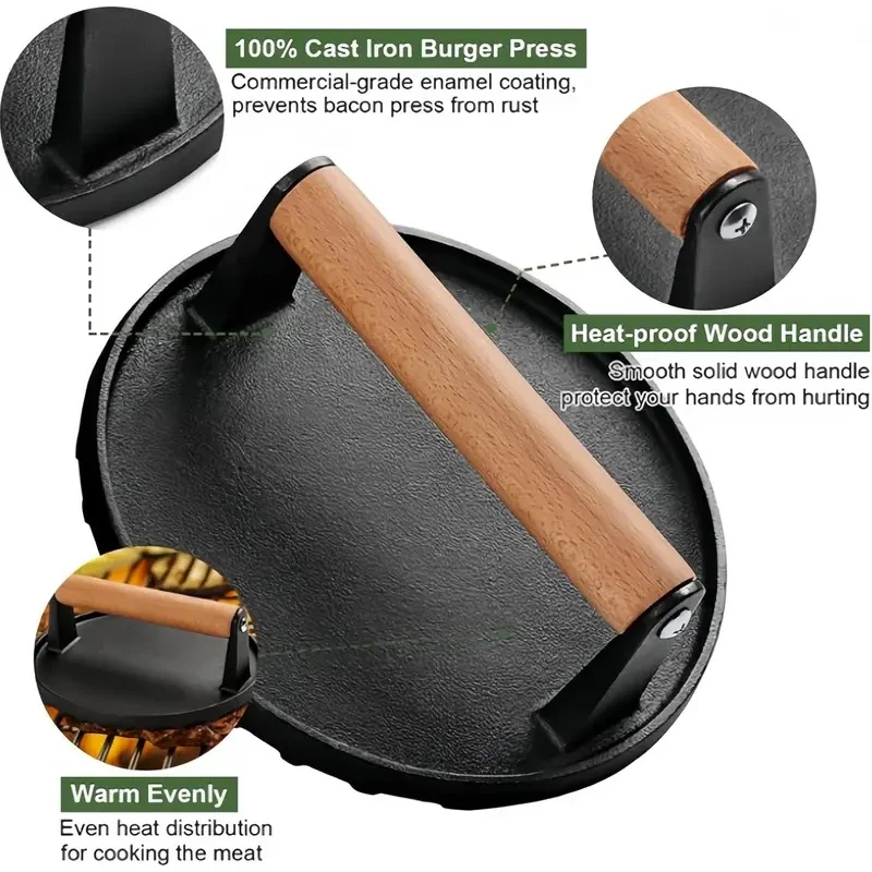 Cast Iron Smashed Burger Press with Wooden Handle Heavy-Duty Grill Press Burger Tool for Burgers, Meat BBQ & Griddle Accessories