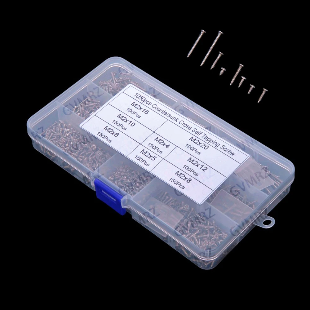 1050PCS M2 Metric Metal Screw Thread Furniture Screw Phillips Tips Screw Set M2