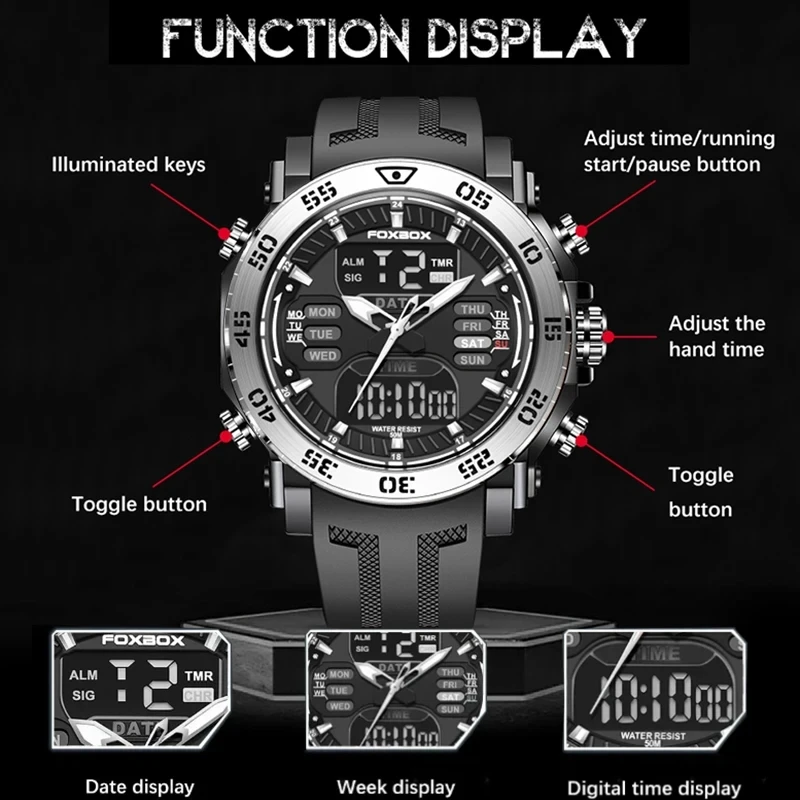 FOXBOX Top Brand Luxury Mens Watches Fashion Business Watch Men Casual Waterproof Sport Military Dual Display Watch For Men