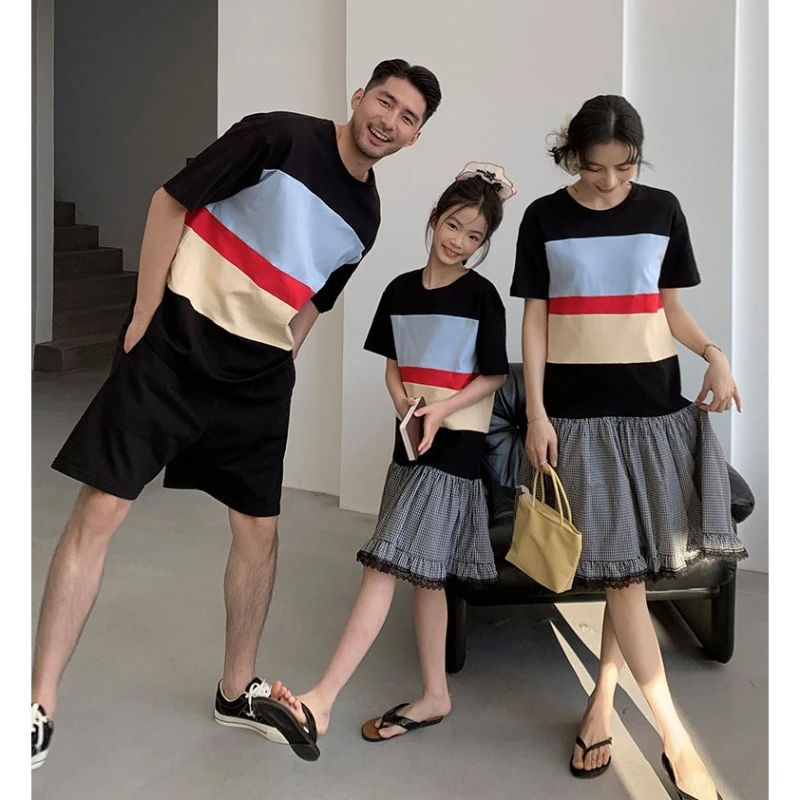 2026 Summer Color Block Striped T-shirt Family Matching 3P Mom Daughter Dress Casual Outfits for Dad Son Kids Daily Photoshoot