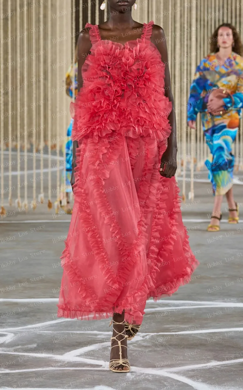 Falda de gasa de línea a roja para mujer, falda de fiesta de longitud media, volantes, hasta el tobillo, ropa de Organza hecha a medida, nueva moda