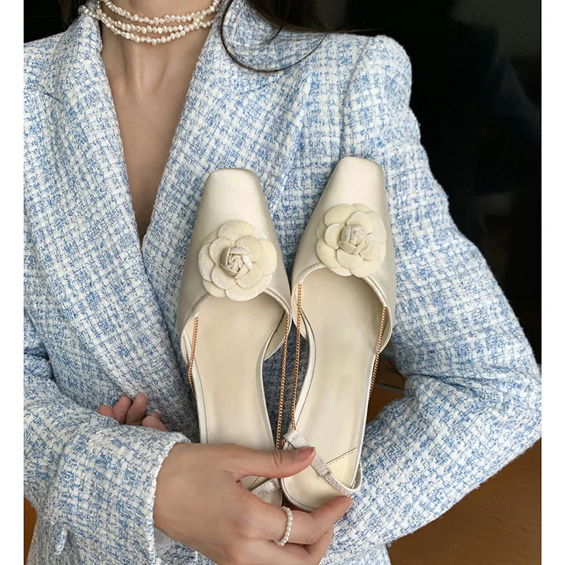 Women Satin Slingback Pumps Square Toe 3D Floral Decor Chain Ankle Strap Block Heel Wedding Dress Shoes
