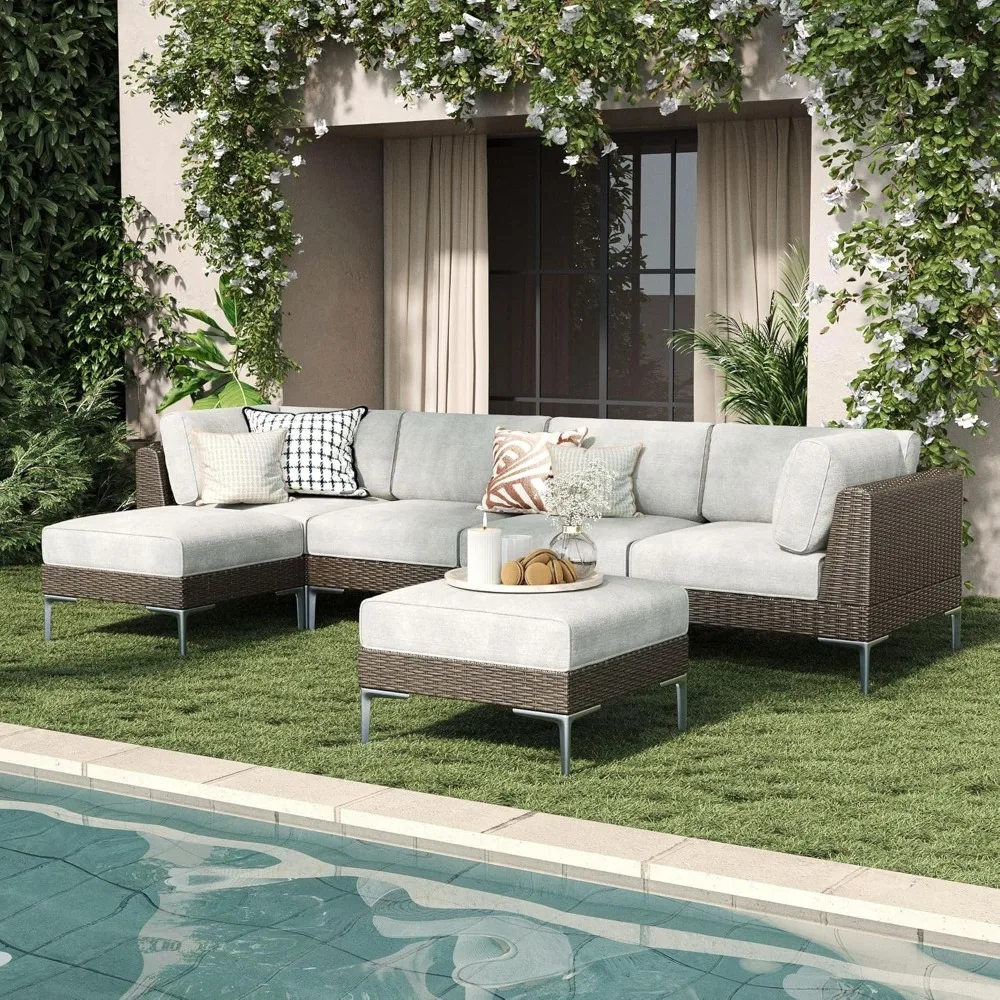 

6-Piece Wicker Rattan Patio Furniture Set, Deep Seating Outdoor Modular Sectional Sofa Conversation Set with Thick Cush