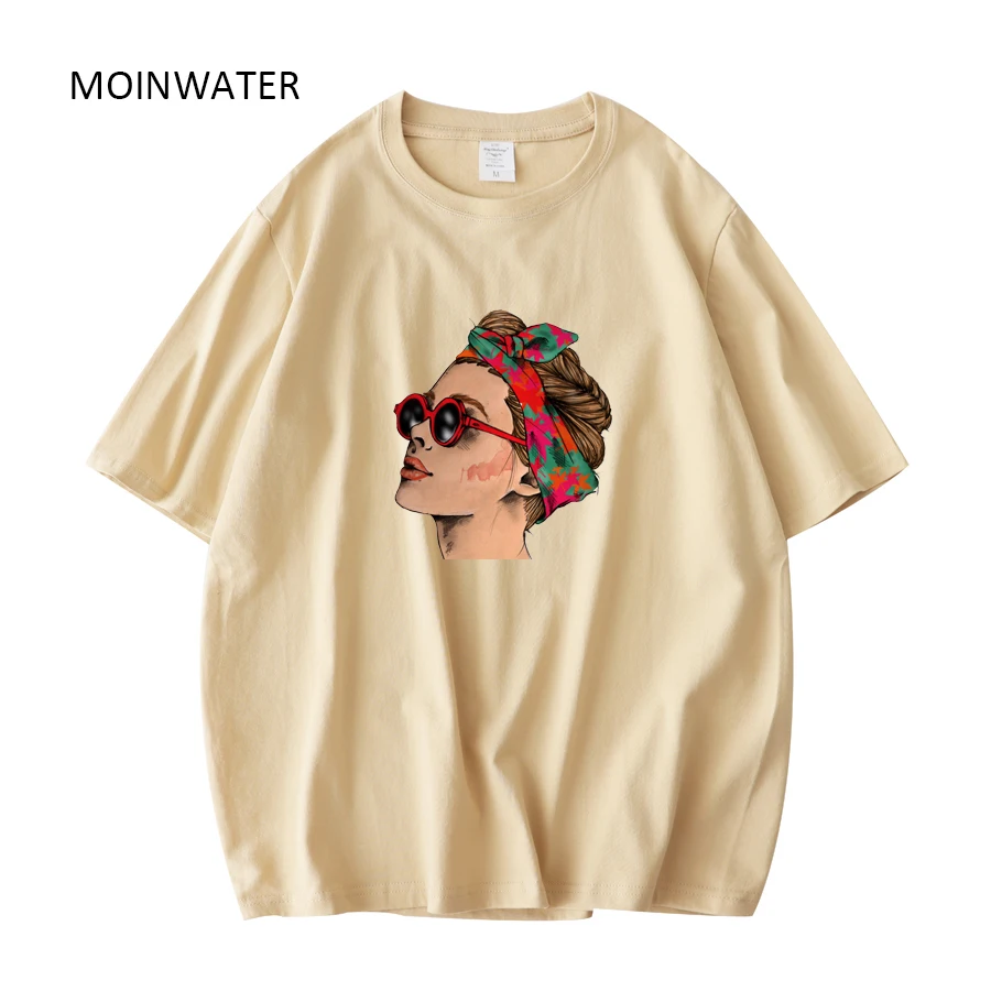 MOINWATER Women 100% Cotton Short Sleeve Casual Tees Tops Female Pink White Fashion Printed T shirts for Summer MT22020