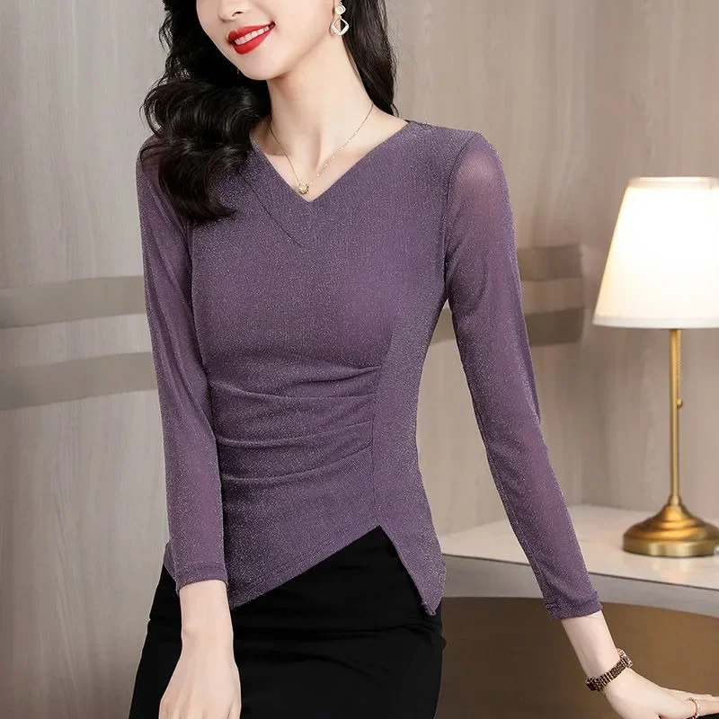 Mesh Long-sleeved T-shirt Small Shirt Tops Bright Silk V-neck Base Women's Spring Autumn New Style