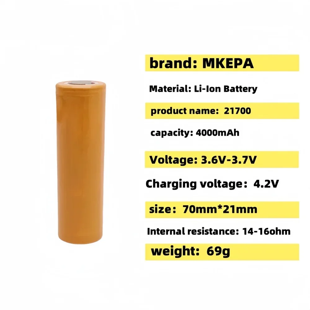 3.7V 21700 Rechargeable Battery 4000mAh Power Batteries 3C Discharge 21700 HD Cell Lithium Battery Applies to LED Flashlight.