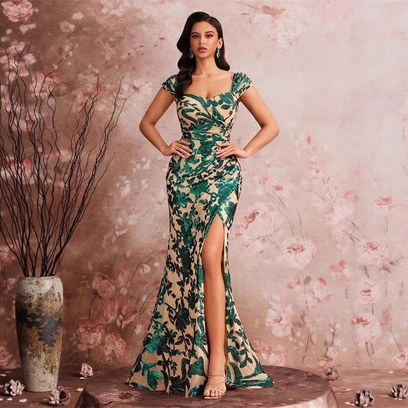 

Эластичное вечернее платье русалки с вышивкой из бисера, женское платье с открытым разрезом, модный летний полиэстер