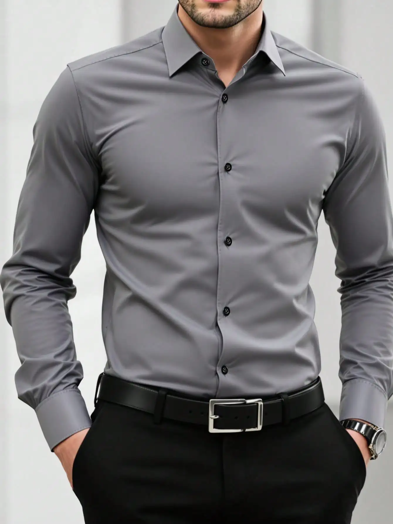 

Men's Solid Gray Long Sleeve Single-Breasted Casual Business Shirt for Fall