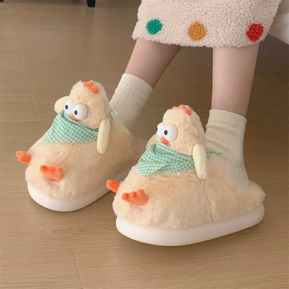

Women Indoor Fluffy Slippers Cute Cartoon Chicken Winter House Shoes Warm Plush Anti-slip Female Home Floor Cotton Slides