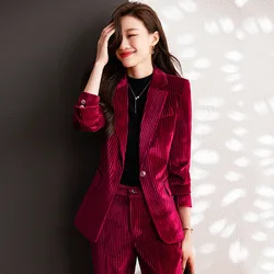 Corduroy Red Suit Jacket for Women Business Suit Autumn and Winter New Elegance Retro High-Grade Suit Overalls