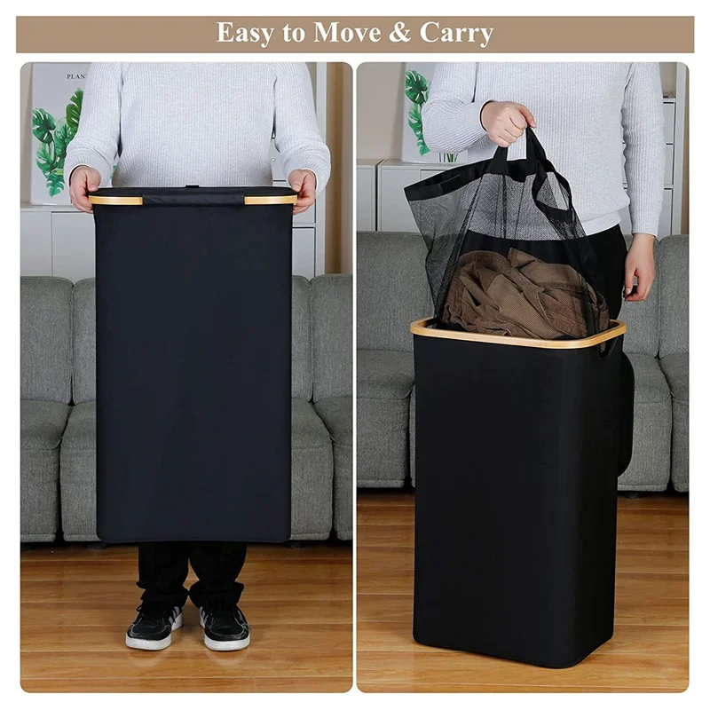 

1 Piece 110L Laundry Hamper Collapsible Basket Organizer With Handle And Lid With Removable Inner Bag For Clothes Toys Black