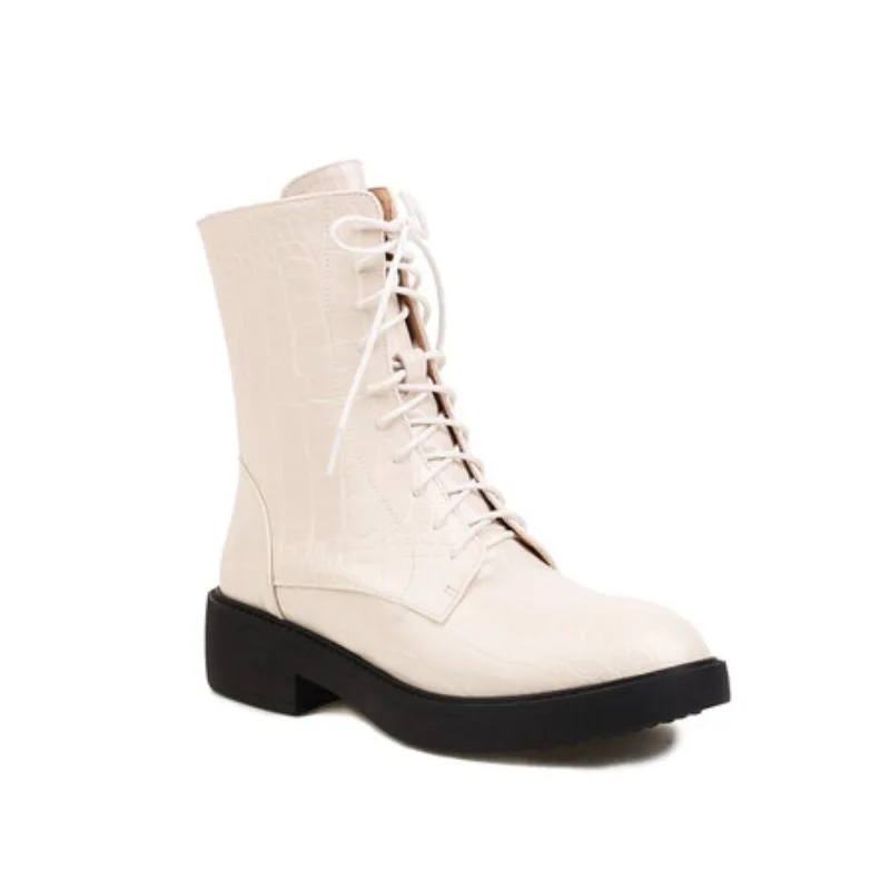 Winter Platform Ankle Boots Women Beige Black Crocodile Leather Thick Heels Retro Office Dress Lady Round Toe Zipper Short Boots