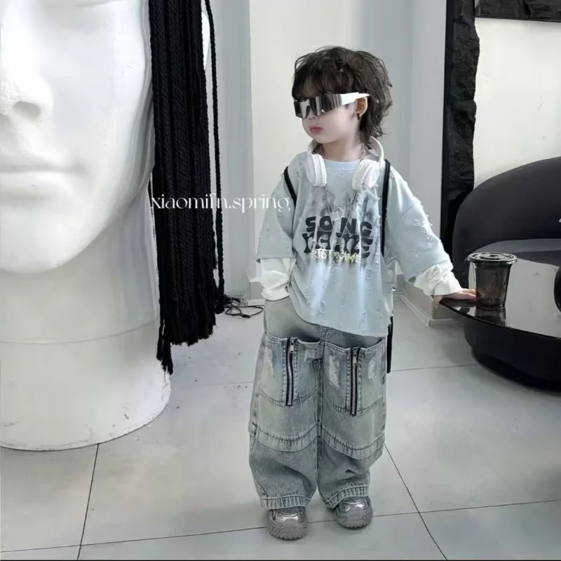 

Korean Children's Clothes Suits Spring Autumn Baby Boy Costume Long Sleeved Hole T-shirt+Wide Leg Pants 2pcs Sets for Kids Boys
