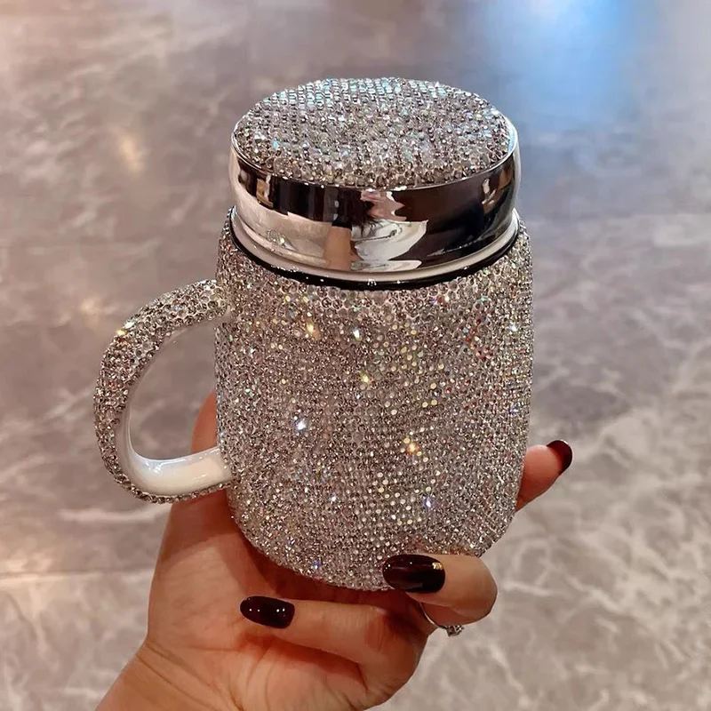 Sparkling Rhinestones Coffee Mug Cup with Lid with Handle Bling Ceramic Tea Cup Mugs Tumbler Water Bottle Glitter Gifts