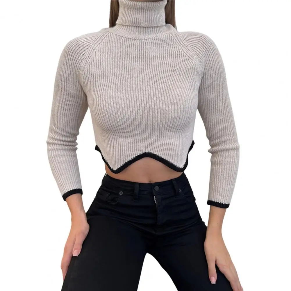 Women Sweater Long Sleeves Wave Hem Ribbed Cropped Sweater Winter Turtleneck Pullover кофта женская