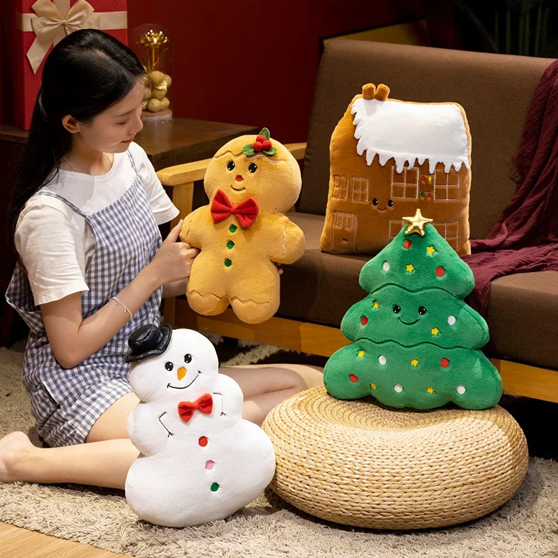 1PC Happy Christmas Ginger Bread Snowman Plushie Plush Pillow Stuffed Cabin House Xmas Tree Party Decor Doll