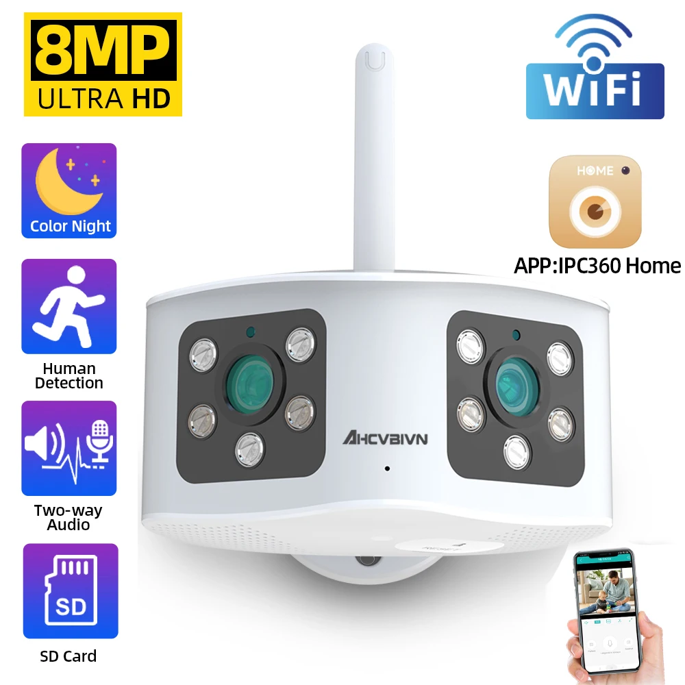 

4K Dual Lens Outdoor Home Wifi Security Camera 8MP Ultra Wide Angle 180° Ip Cctv Mini Video Protection Surveillance System