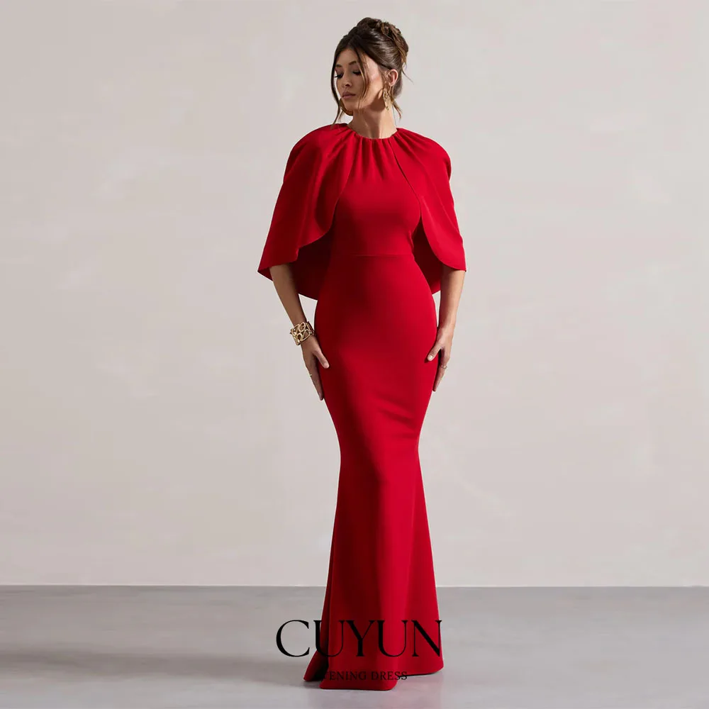 

CUYUN Customized Red O-Neck Cape Sleeves Evening Gown Semi-Mermaid Floor-Length Long Formal Dinner Banquet Dresses for Women