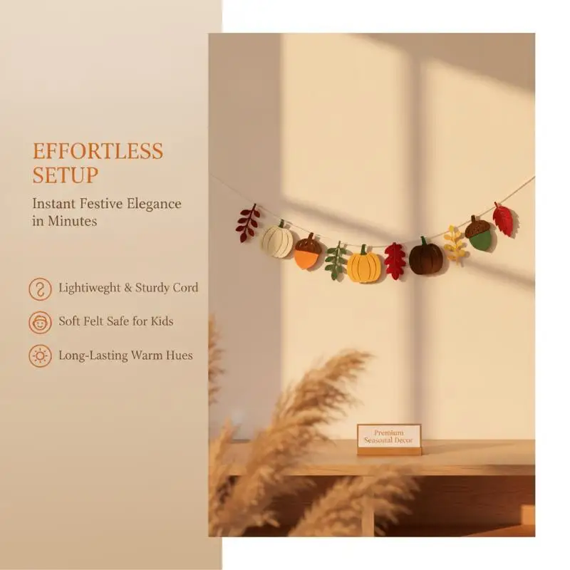 Fall Felt Garland Banner Pumpkin Acorn Leaf Bunting Thanksgiving Harvest Home Mantel Fireplace Wall Hanging Decor