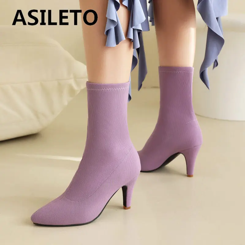 ASILETO Big Size 46 47 Stretch Women Boots Thin High Heels 8.5cm Slip On Autumn Winter Concise Dating Shoes Ankle Bota 33 34