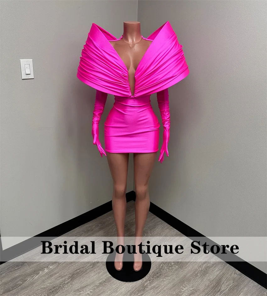 Stunning Hot Pink Prom Gown With Two Gloves Off Shoulder Birthday Party Cocktail Dresses Robe De Bal Custom-Made Customized