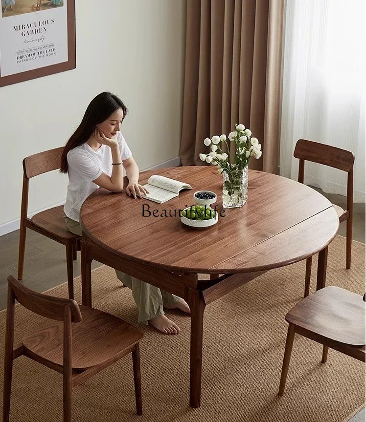 North American Black Walnut Solid Wood Retractable Dining Table Simple New Chinese Style Drawable Table Rectangular