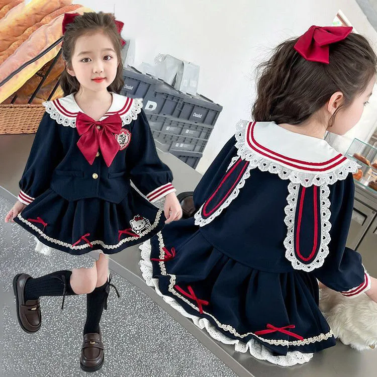 Children Lolita Princess Dress Kawaii Hello Kittys Clothes Anime Sanrios Kuromi Girls Shirt Pleated Skirt Jk Uniform Suit Preppy