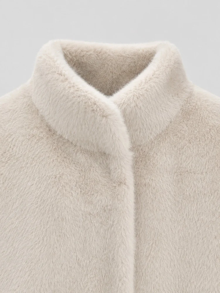 AACHOAE Women Faux Fur Jacket Winter Coat Stand Collar Long Sleeve Snap Button Warm Loose Casual Elegant Outerwear