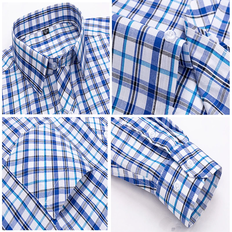 Men\'s Versatile Casual Plaid Oxford Cotton Shirt Front Chest Pocket Regular Fit Single-Breasted Button Thick Collar Dress Shirt