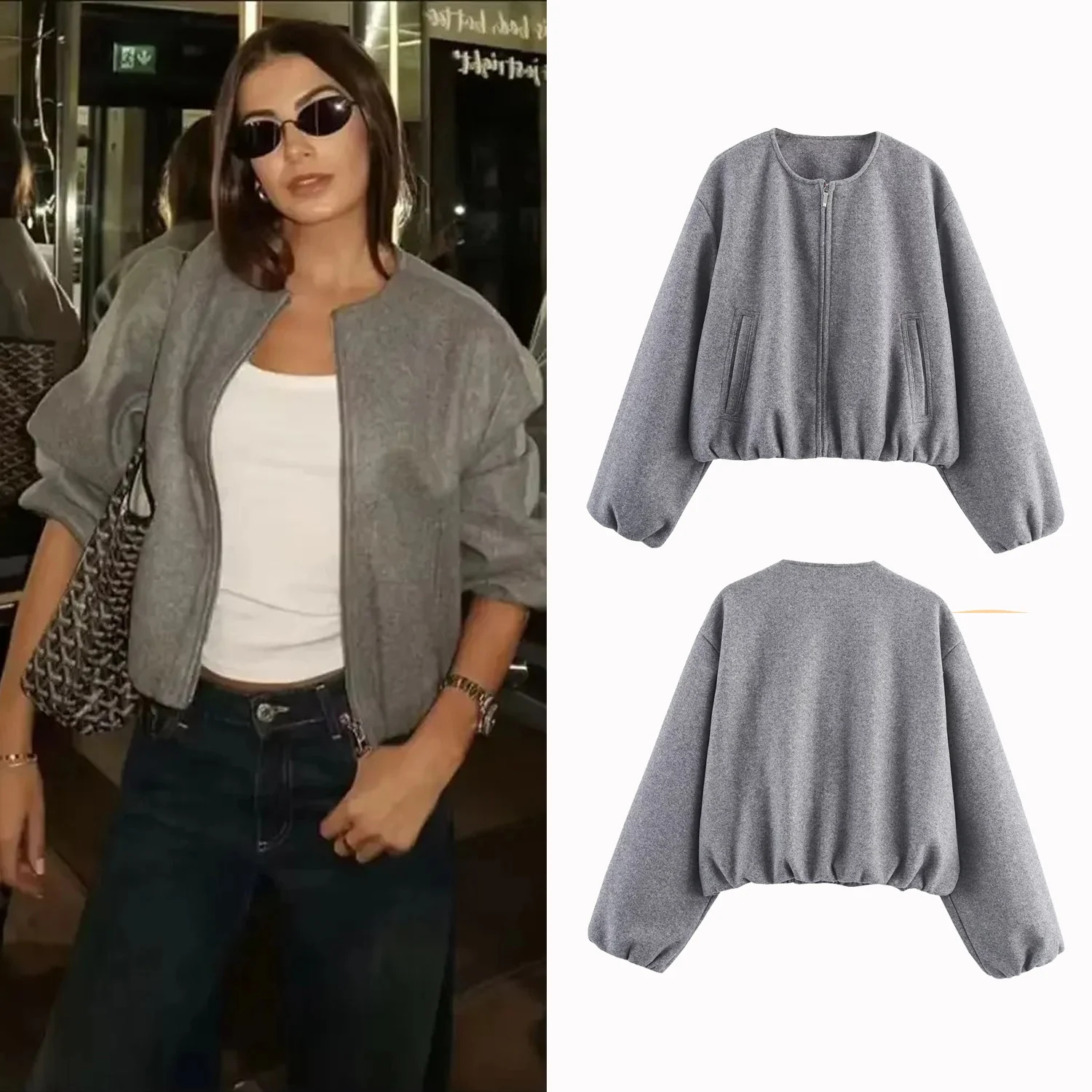 

Women Fashion Short Jacket Coat Autumn And Winter New Retro O-Neck Long Sleeve Jacket Elastic Hem Zipper Soft Women'S Outerwear