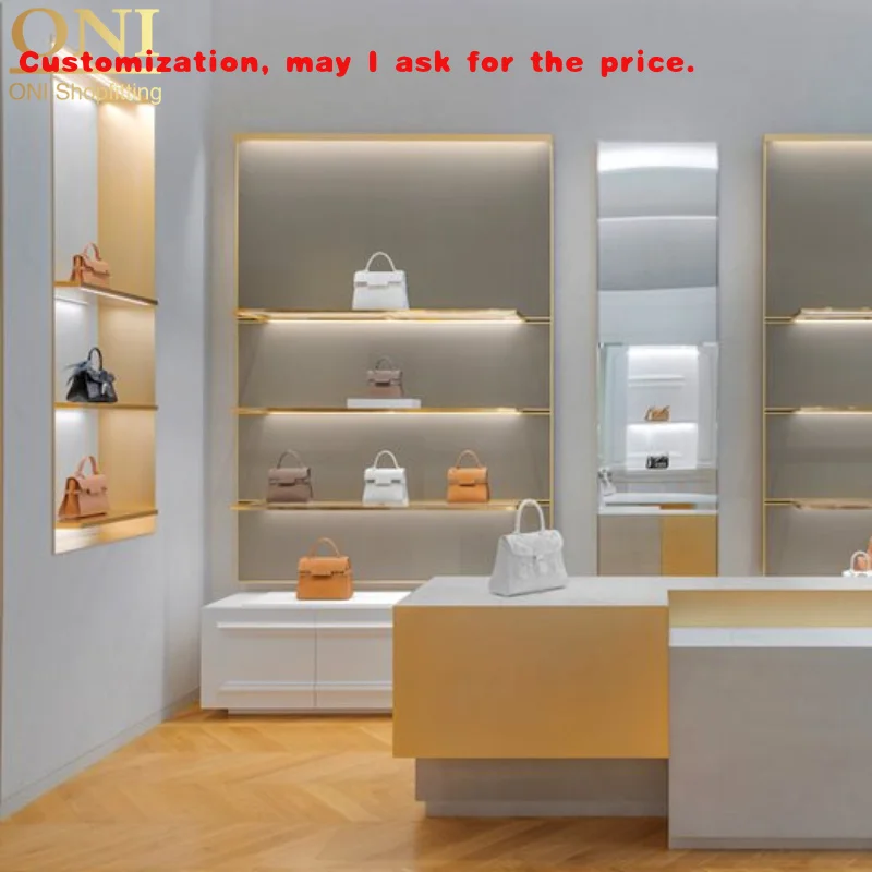 

Custom.ONI Покупка Индивидуальная бутиковая сумка Дизайн интерьера магазина Усовершенствованный настенный многослойный шкаф-витрина со светодиодной подсветкой