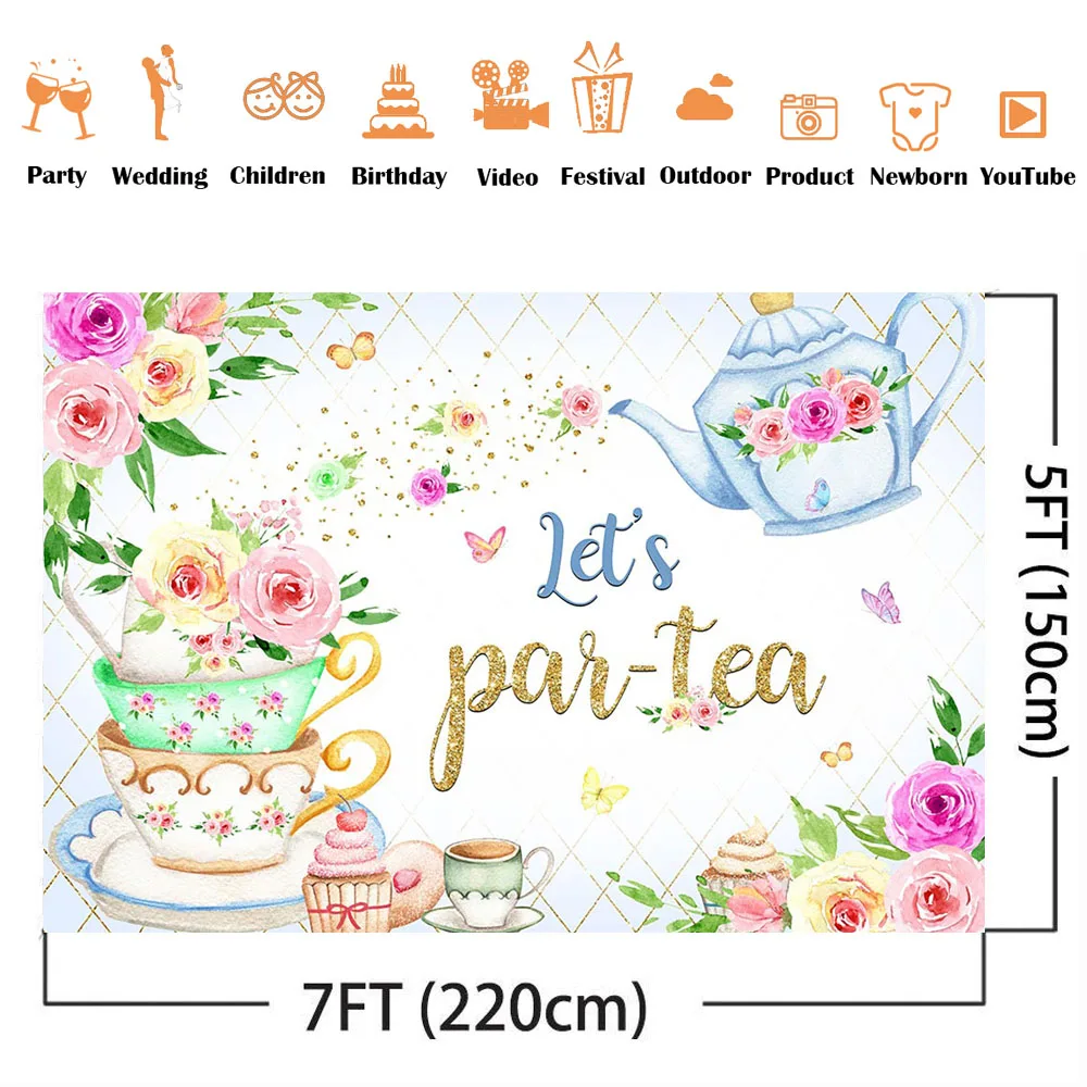 Fondo de fiesta de cumpleaños de té de Let's Partea, Fondo de foto de flores rosas, decoración de fiesta de cumpleaños de princesa para niños recién nacidos