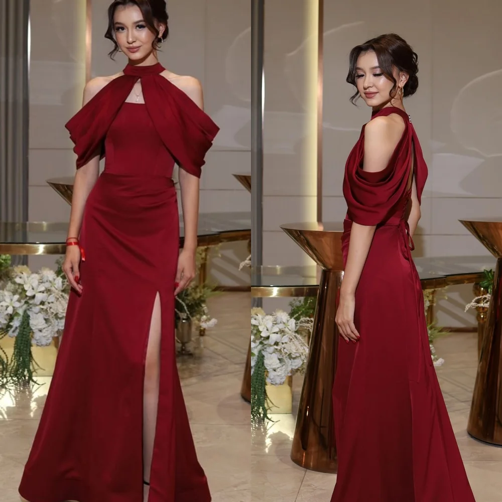 

Customized Exquisite Halter Sleeveless Evening Dress Temperament Burgundy Prom Dresses Delicate Ruched Bridal Party Gowns