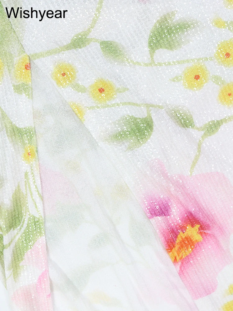 New Flower Print Sequins Spaghetti Strap Sleeveless High Slit Long Dress Woman Sexy Vacation Party Birthday Prom Summer Robe