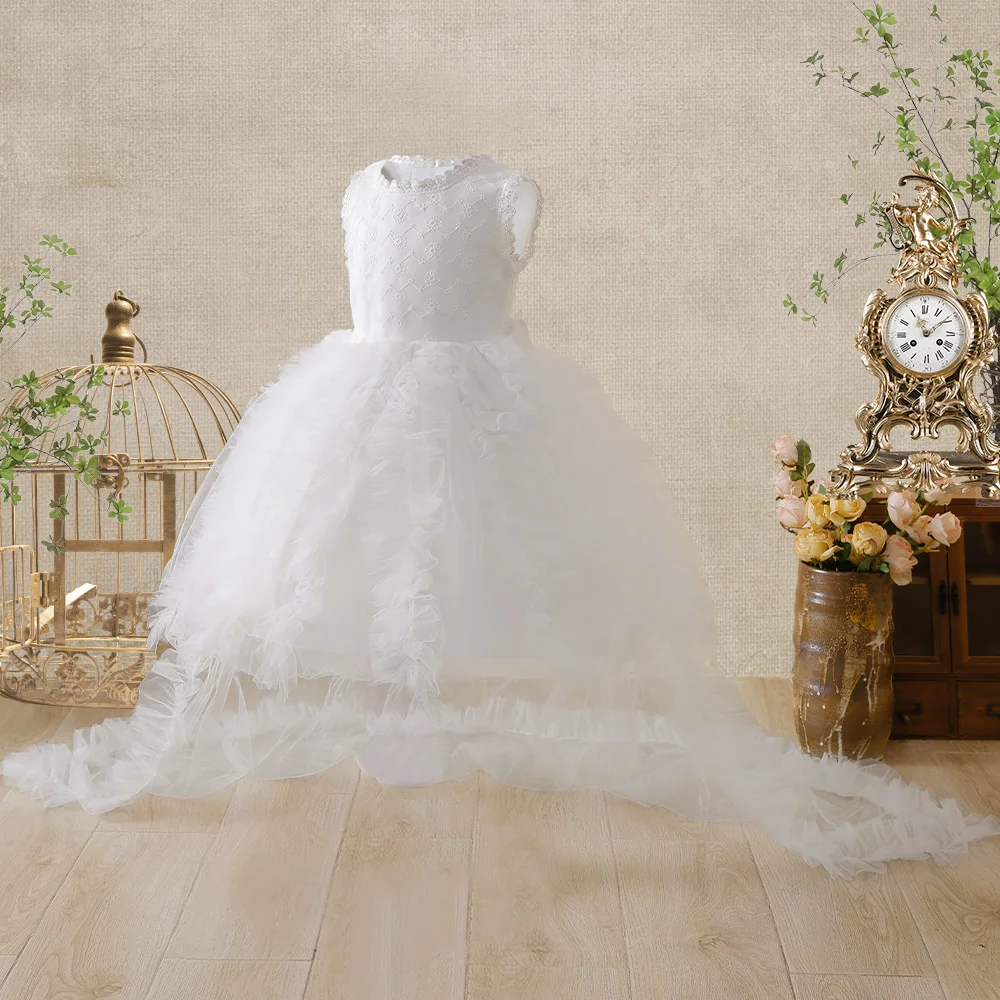 Elegant Girls Fluffy Tulle Flower Dress Wedding White Trailing Ceremony Costume Birthday First Communion Gown Kids Gala Clothing