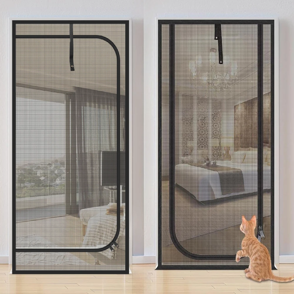 Reinforced Cat Screen Door 32”X82” Pets Proof Screen Door with Bilateral Zipper Prevent Dogs Cats Running Out from Home Bedroom