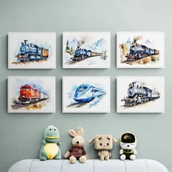 Train Transportation Boys Travel Nursery Wall Art Canvas Watercolor Painting Printable Picture Poster Baby Kids Room Home Decor