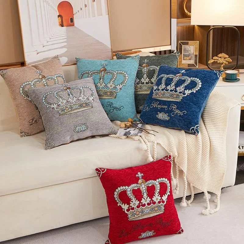 

Chenille Cushion Cover 45*45cm Crown Embroidered Jacquard Pillow Case Home Decorative Letter Pillowcase Office Sofa Pillow Cover